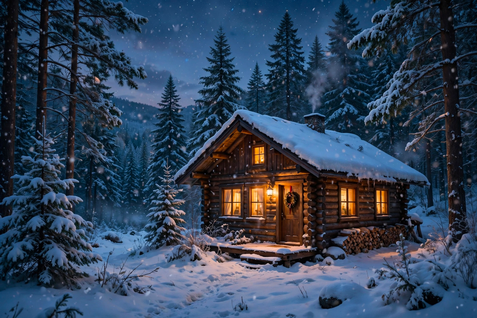 Muse Image, cozy cabin in a snowy forest